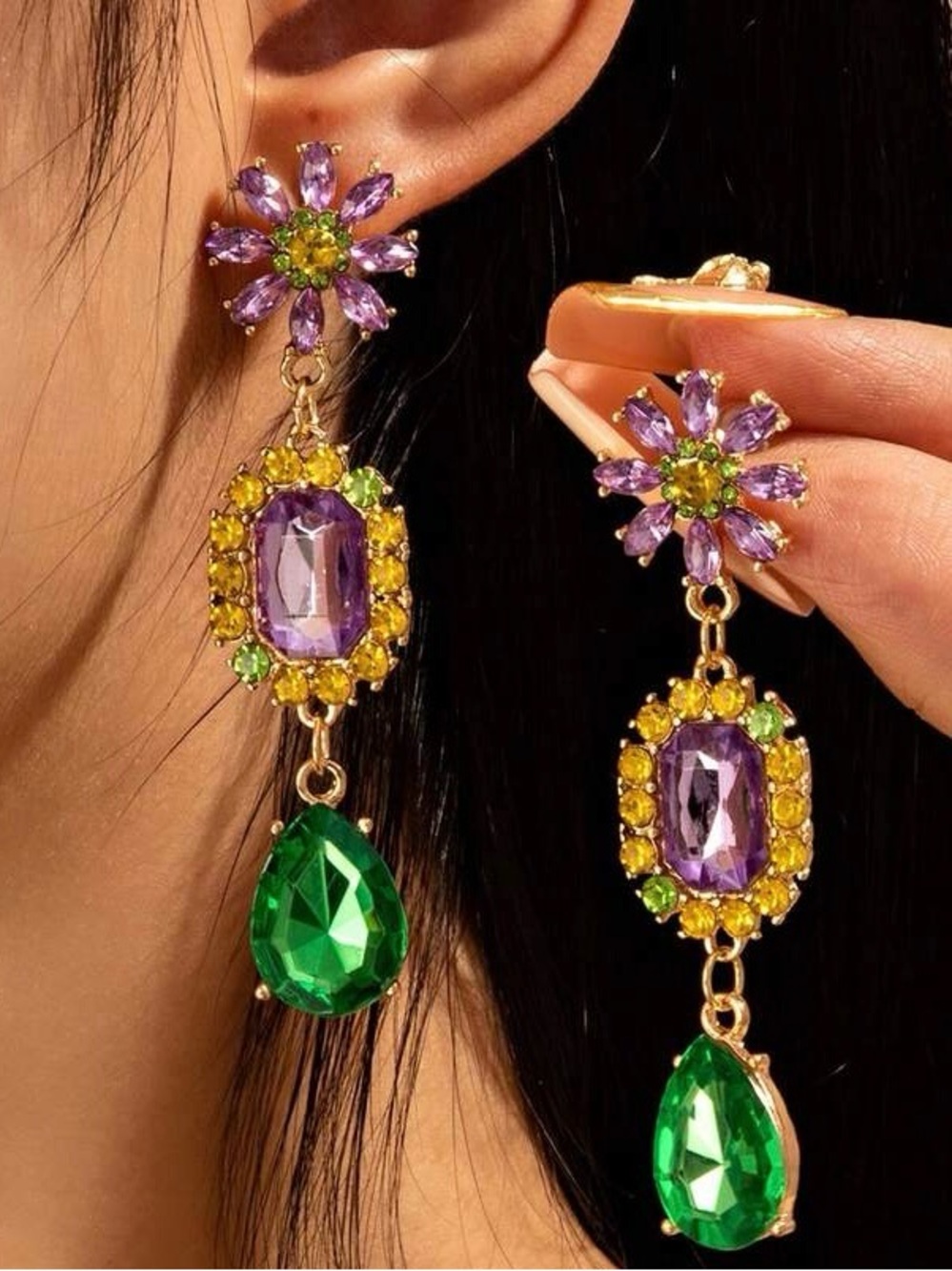 Purple Green Gold Dangling Statement Earrings Whimsical Formal Cocktail Jewelry